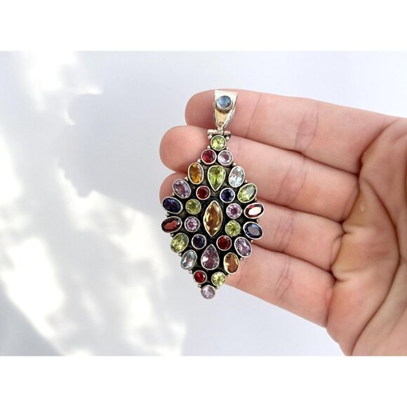 Rainbow Gemstone Art Deco Marquise Shaped Sterling Silver 925 Vintage Pendant - Picture 9 of 10